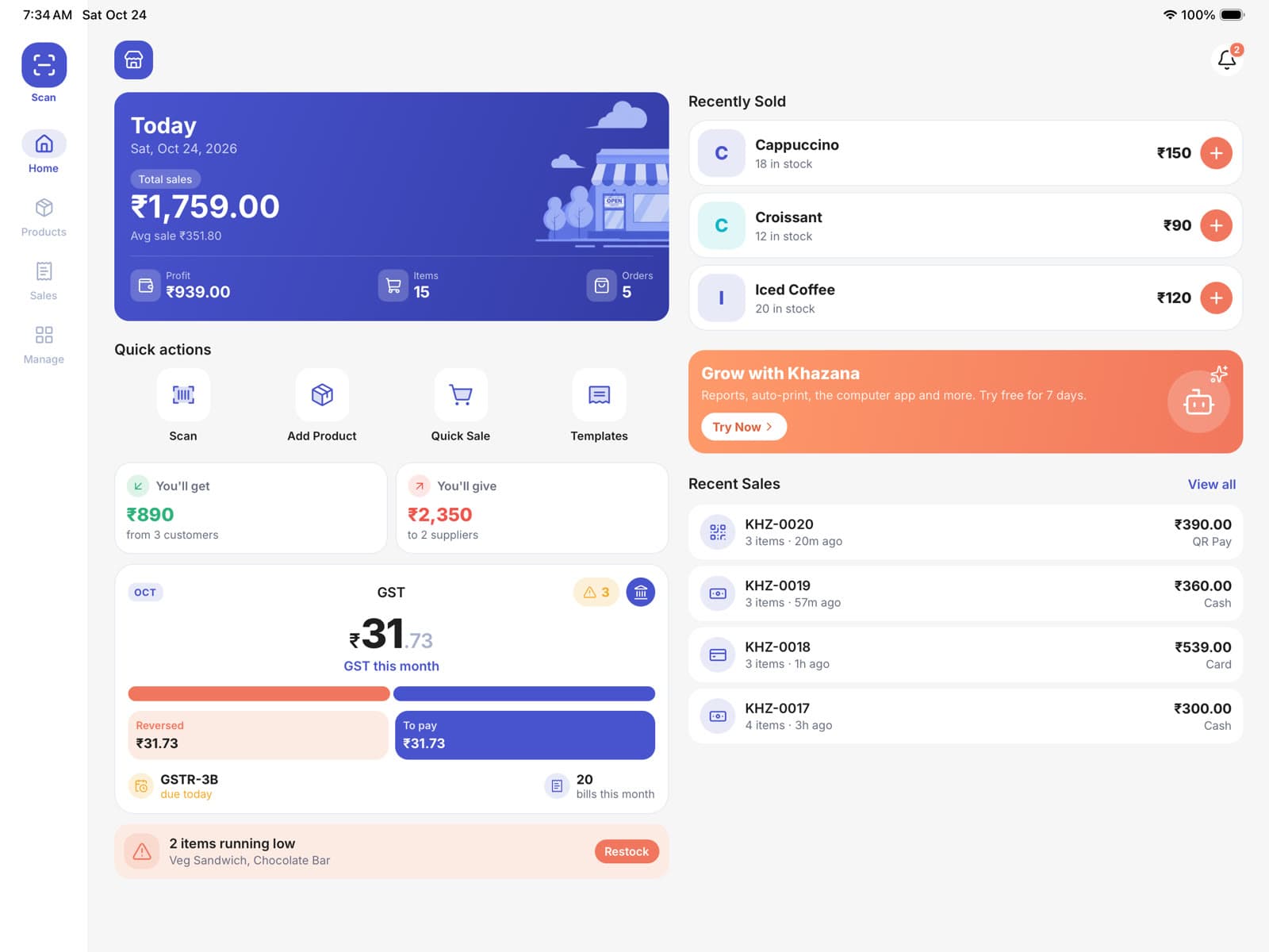 Khazana on iPad: today’s sales, quick actions, recent sales and GST
